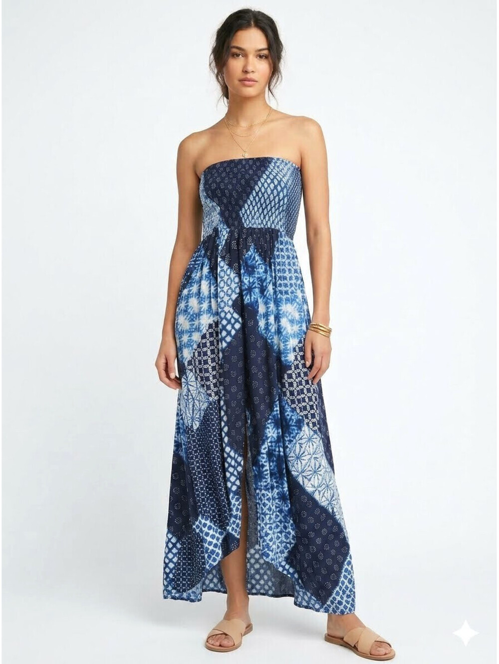 Patrons of Peace Patchwork Maxi Long Dress Strapless XS Blue Comfy Casual